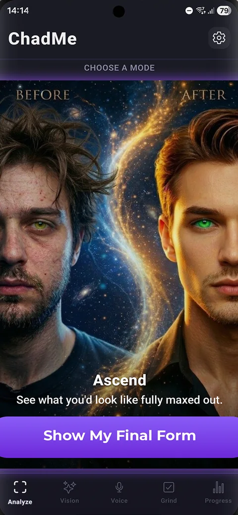 ChadMe Ascend mode with a before and after of the same face