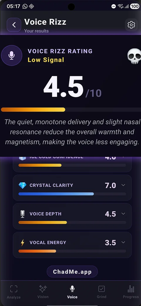 ChadMe Voice Rizz rating with a score for each quality